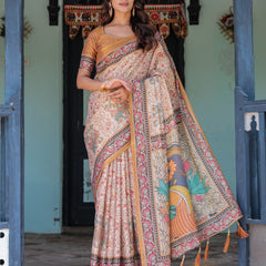 Beige & Maroon Handloom Cotton Saree with Floral Vine Print & Mythical Madhubani Cow Pallu