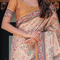 Beige & Maroon Handloom Cotton Saree with Floral Vine Print & Mythical Madhubani Cow Pallu