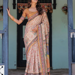 Beige & Maroon Handloom Cotton Saree with Floral Vine Print & Mythical Madhubani Cow Pallu