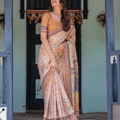 Beige & Maroon Handloom Cotton Saree with Floral Vine Print & Mythical Madhubani Cow Pallu