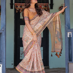 Beige & Maroon Handloom Cotton Saree with Floral Vine Print & Mythical Madhubani Cow Pallu