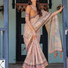 Beige & Maroon Handloom Cotton Saree with Floral Vine Print & Mythical Madhubani Cow Pallu