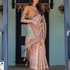 Beige & Maroon Handloom Cotton Saree with Floral Vine Print & Mythical Madhubani Cow Pallu