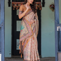 Beige & Maroon Handloom Cotton Saree with Floral Vine Print & Mythical Madhubani Cow Pallu