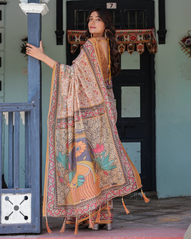 Beige & Maroon Handloom Cotton Saree with Floral Vine Print & Mythical Madhubani Cow Pallu