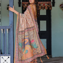 Beige & Maroon Handloom Cotton Saree with Floral Vine Print & Mythical Madhubani Cow Pallu