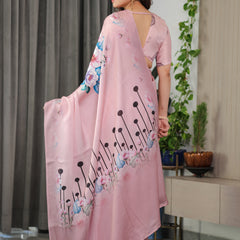 Blush Pink Satin Georgette Floral Printed Saree with Attached Blouse – Soft Pastel Designer Saree for Festive & Elegant Wear