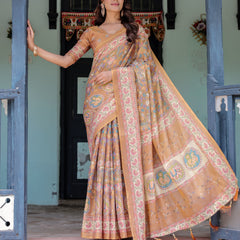 Terracotta Peach Handloom Cotton Saree with Multicolor Floral Vines & Kalamkari-Inspired Pallu