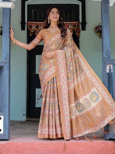 Terracotta Peach Handloom Cotton Saree with Multicolor Floral Vines & Kalamkari-Inspired Pallu