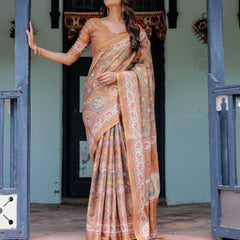 Terracotta Peach Handloom Cotton Saree with Multicolor Floral Vines & Kalamkari-Inspired Pallu