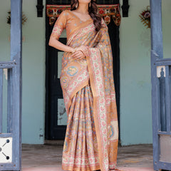 Terracotta Peach Handloom Cotton Saree with Multicolor Floral Vines & Kalamkari-Inspired Pallu