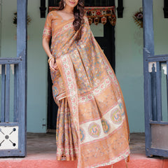 Terracotta Peach Handloom Cotton Saree with Multicolor Floral Vines & Kalamkari-Inspired Pallu