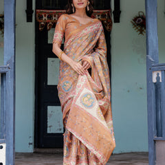 Terracotta Peach Handloom Cotton Saree with Multicolor Floral Vines & Kalamkari-Inspired Pallu