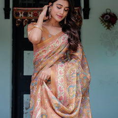 Terracotta Peach Handloom Cotton Saree with Multicolor Floral Vines & Kalamkari-Inspired Pallu