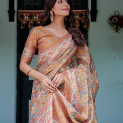 Terracotta Peach Handloom Cotton Saree with Multicolor Floral Vines & Kalamkari-Inspired Pallu