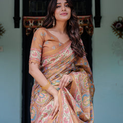 Terracotta Peach Handloom Cotton Saree with Multicolor Floral Vines & Kalamkari-Inspired Pallu