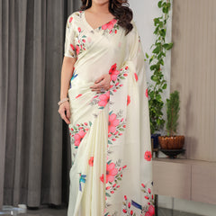 Ivory Cream Satin Georgette Floral & Bird Printed Saree with Attached Blouse – Elegant Nature-Inspired Designer Saree