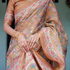 Terracotta Peach Handloom Cotton Saree with Multicolor Floral Vines & Kalamkari-Inspired Pallu