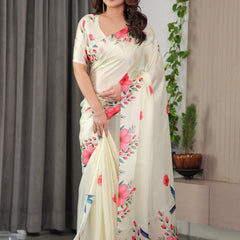 Ivory Cream Satin Georgette Floral & Bird Printed Saree with Attached Blouse – Elegant Nature-Inspired Designer Saree