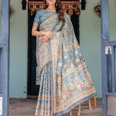 Divine Blue Handloom Cotton Saree with Shankh & Krishna Pallu Motifs – Temple Border & Tassels