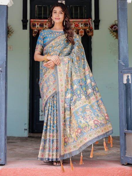 Divine Blue Handloom Cotton Saree with Shankh & Krishna Pallu Motifs – Temple Border & Tassels
