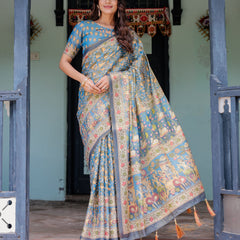 Divine Blue Handloom Cotton Saree with Shankh & Krishna Pallu Motifs – Temple Border & Tassels