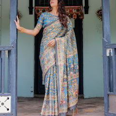 Divine Blue Handloom Cotton Saree with Shankh & Krishna Pallu Motifs – Temple Border & Tassels