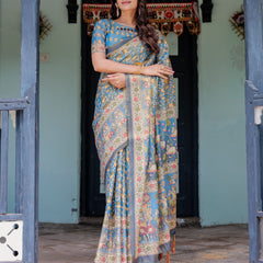 Divine Blue Handloom Cotton Saree with Shankh & Krishna Pallu Motifs – Temple Border & Tassels