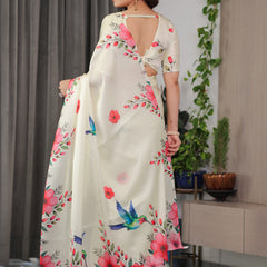 Ivory Cream Satin Georgette Floral & Bird Printed Saree with Attached Blouse – Elegant Nature-Inspired Designer Saree