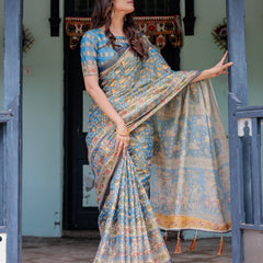 Divine Blue Handloom Cotton Saree with Shankh & Krishna Pallu Motifs – Temple Border & Tassels