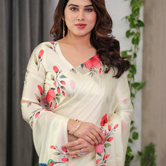 Ivory Cream Satin Georgette Floral & Bird Printed Saree with Attached Blouse – Elegant Nature-Inspired Designer Saree