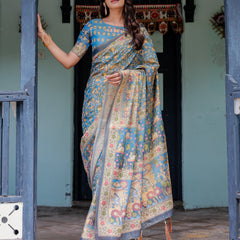 Divine Blue Handloom Cotton Saree with Shankh & Krishna Pallu Motifs – Temple Border & Tassels