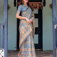Divine Blue Handloom Cotton Saree with Shankh & Krishna Pallu Motifs – Temple Border & Tassels