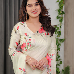 Ivory Cream Satin Georgette Floral & Bird Printed Saree with Attached Blouse – Elegant Nature-Inspired Designer Saree