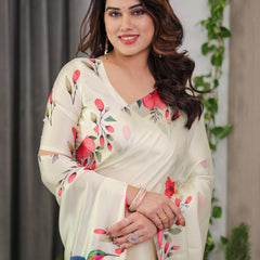 Ivory Cream Satin Georgette Floral & Bird Printed Saree with Attached Blouse – Elegant Nature-Inspired Designer Saree