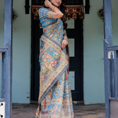 Divine Blue Handloom Cotton Saree with Shankh & Krishna Pallu Motifs – Temple Border & Tassels