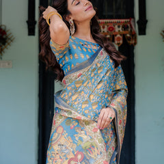 Divine Blue Handloom Cotton Saree with Shankh & Krishna Pallu Motifs – Temple Border & Tassels