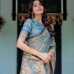 Divine Blue Handloom Cotton Saree with Shankh & Krishna Pallu Motifs – Temple Border & Tassels