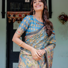 Divine Blue Handloom Cotton Saree with Shankh & Krishna Pallu Motifs – Temple Border & Tassels