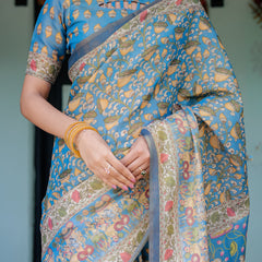 Divine Blue Handloom Cotton Saree with Shankh & Krishna Pallu Motifs – Temple Border & Tassels