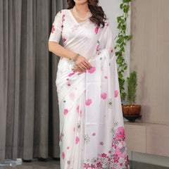 White Satin Georgette Floral Printed Saree with Pink Blossom Border & Attached Blouse – Elegant Lightweight Designer Drape