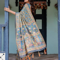 Divine Blue Handloom Cotton Saree with Shankh & Krishna Pallu Motifs – Temple Border & Tassels