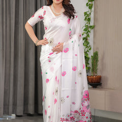 White Satin Georgette Floral Printed Saree with Pink Blossom Border & Attached Blouse – Elegant Lightweight Designer Drape