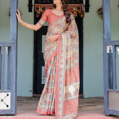 Rust Beige Handloom Cotton Saree with Vibrant Elephant Parade Print & Red Floral Pallu