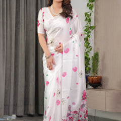 White Satin Georgette Floral Printed Saree with Pink Blossom Border & Attached Blouse – Elegant Lightweight Designer Drape