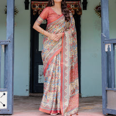 Rust Beige Handloom Cotton Saree with Vibrant Elephant Parade Print & Red Floral Pallu