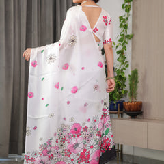 White Satin Georgette Floral Printed Saree with Pink Blossom Border & Attached Blouse – Elegant Lightweight Designer Drape