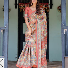Rust Beige Handloom Cotton Saree with Vibrant Elephant Parade Print & Red Floral Pallu