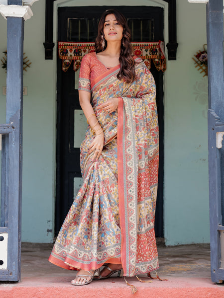 Rust Beige Handloom Cotton Saree with Vibrant Elephant Parade Print & Red Floral Pallu