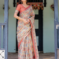 Rust Beige Handloom Cotton Saree with Vibrant Elephant Parade Print & Red Floral Pallu